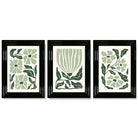 Set of 3 Boho Sage Green Floral Framed Art Prints with Glossy Black Frames