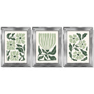 Set of 3 Boho Sage Green Floral Framed Art Prints with Glossy Chrome Frames