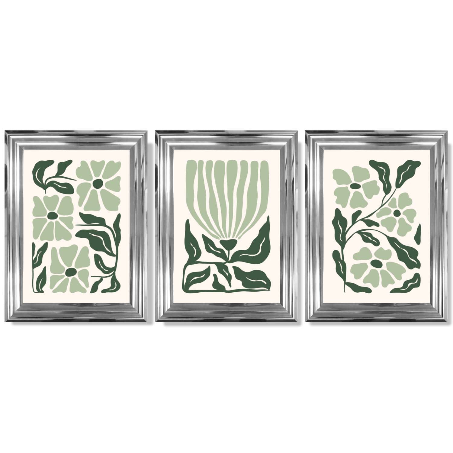 Set of 3 Boho Sage Green Floral Framed Art Prints with Glossy Chrome Frames