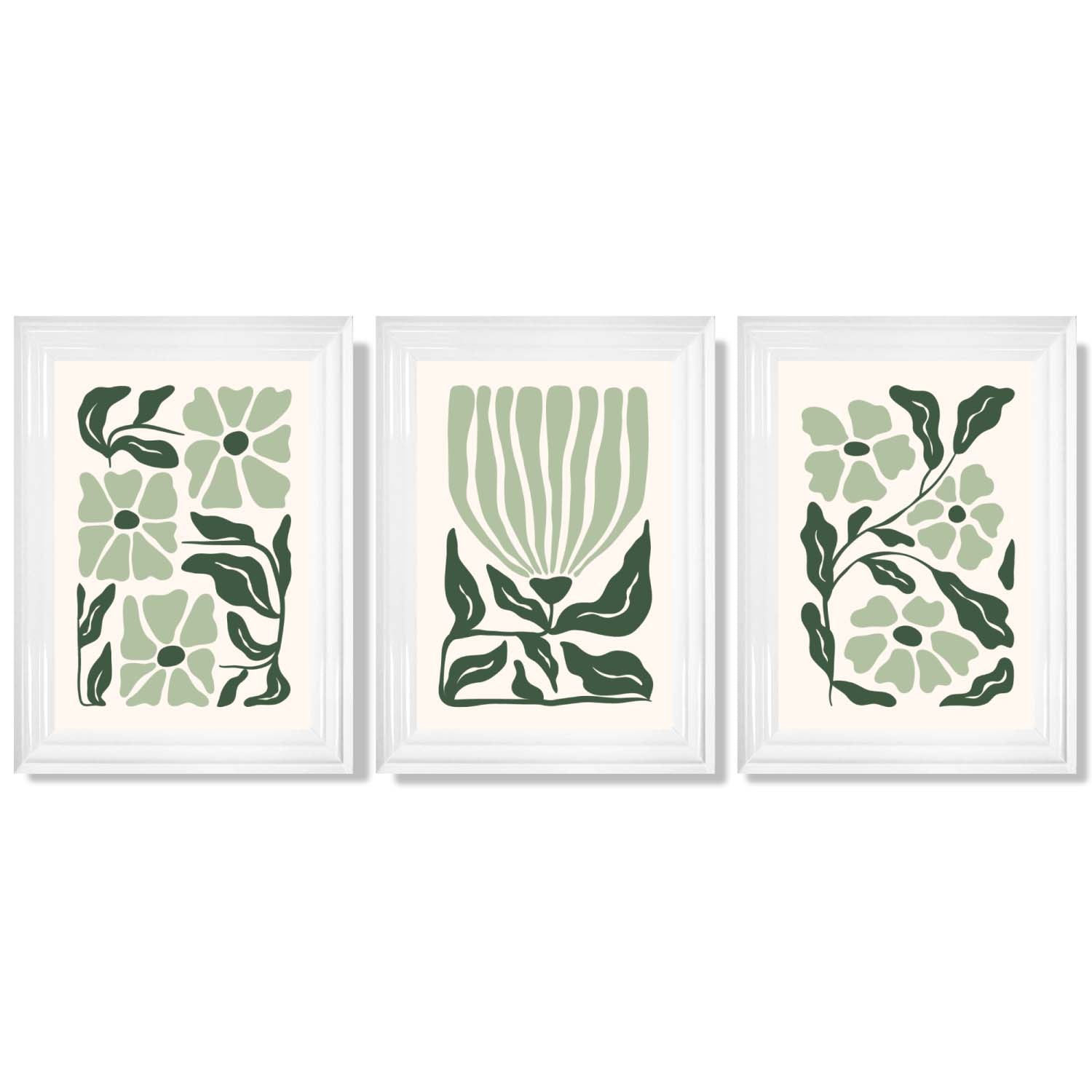 Set of 3 Boho Sage Green Floral Framed Art Prints with Glossy White Frames