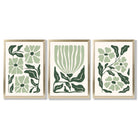 Set of 3 Boho Sage Green Floral Framed Art Prints with Gold Wood Frames