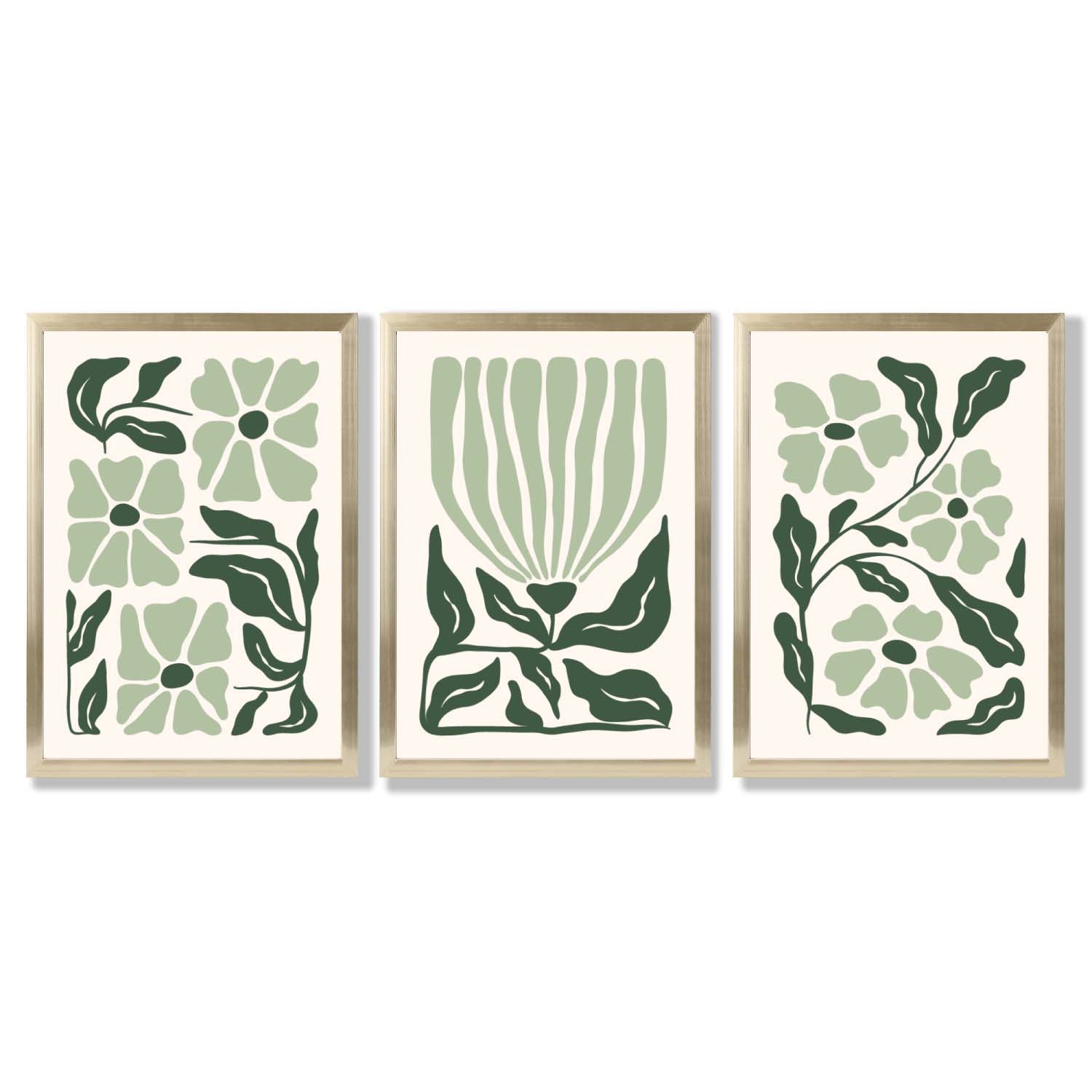 Set of 3 Boho Sage Green Floral Framed Art Prints with Gold Wood Frames