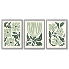 Set of 3 Boho Sage Green Floral Framed Art Prints with Light Grey Wooden Frames