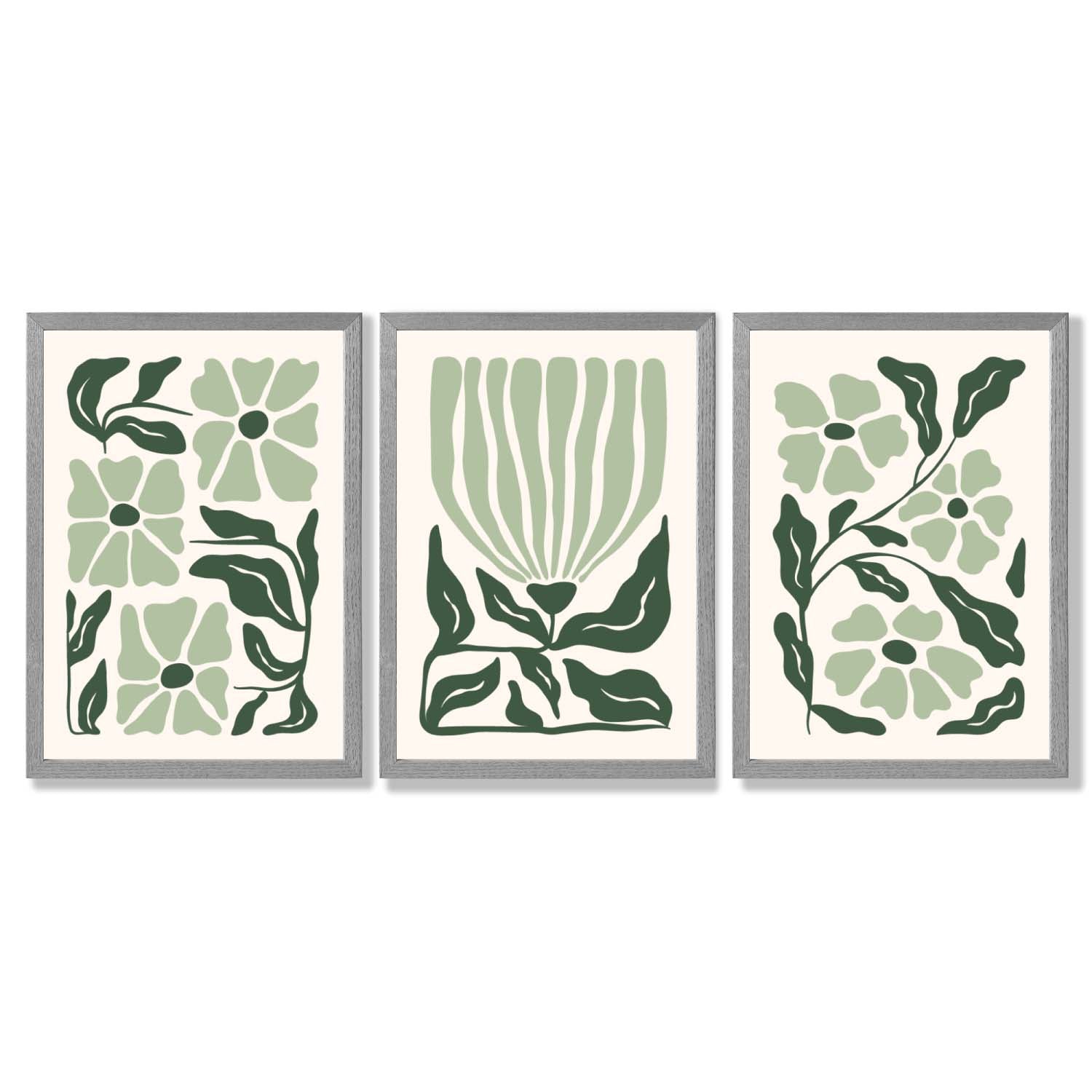 Set of 3 Boho Sage Green Floral Framed Art Prints with Light Grey Wooden Frames