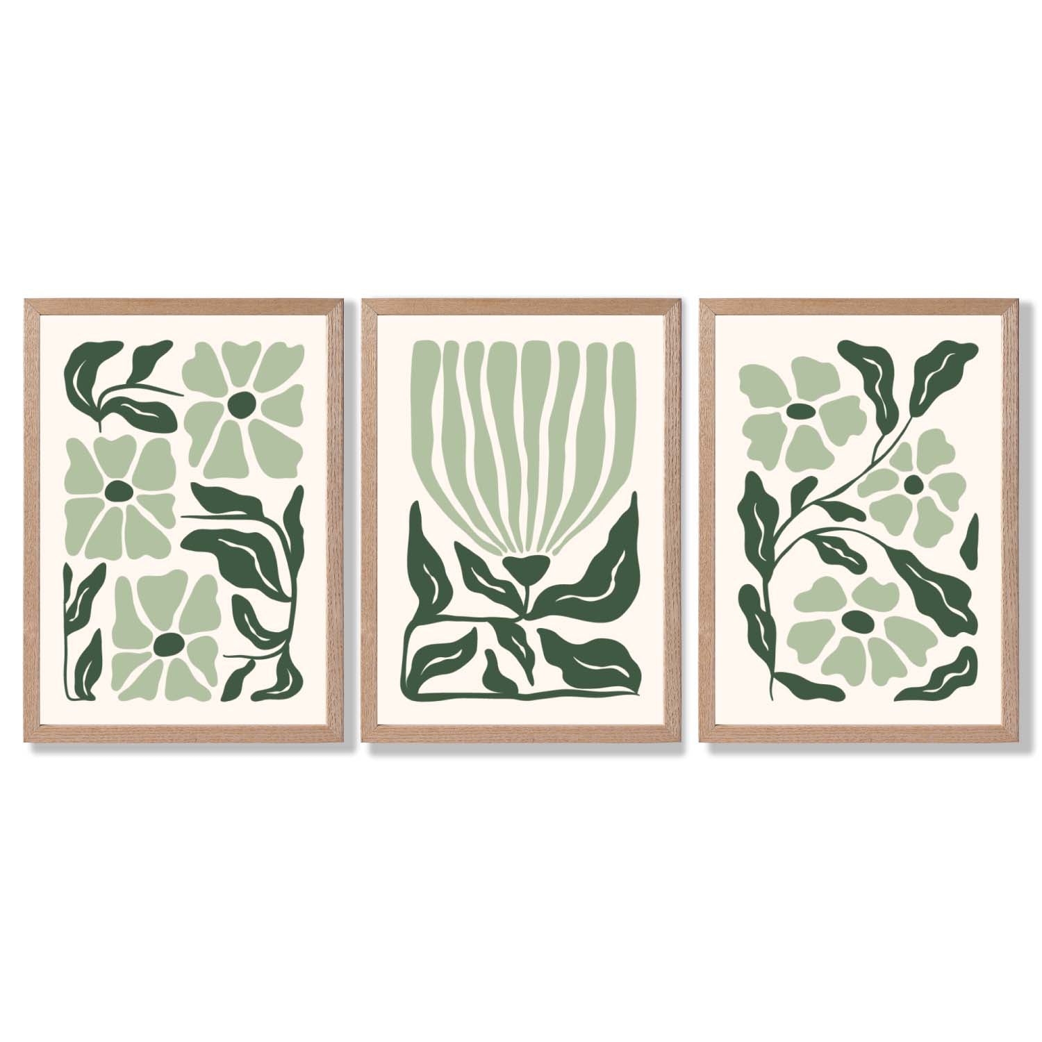 Set of 3 Boho Sage Green Floral Framed Art Prints with Light Oak Frames