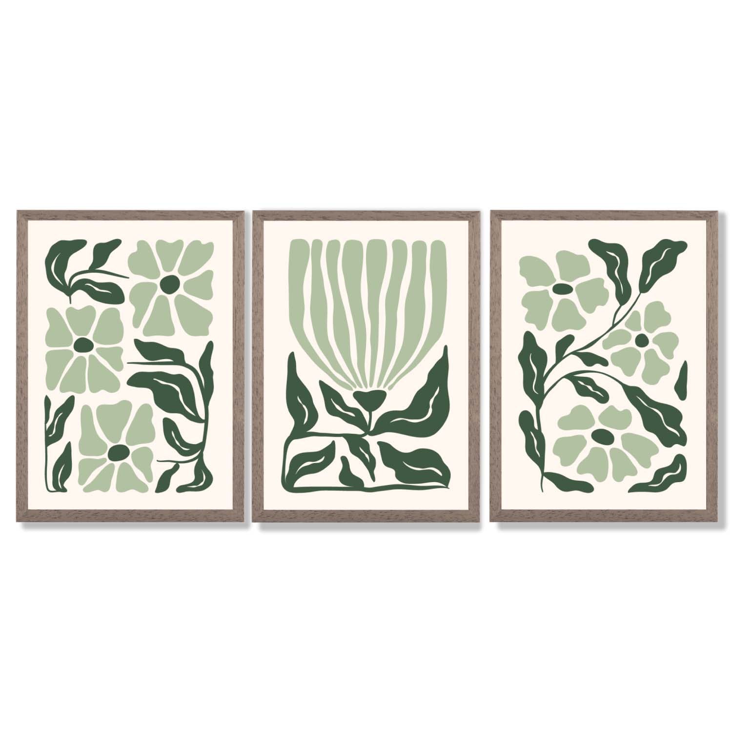 Set of 3 Boho Sage Green Floral Framed Art Prints with Light Walnut Frames