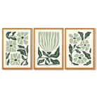 Set of 3 Boho Sage Green Floral Framed Art Prints with Oak Wooden Frames