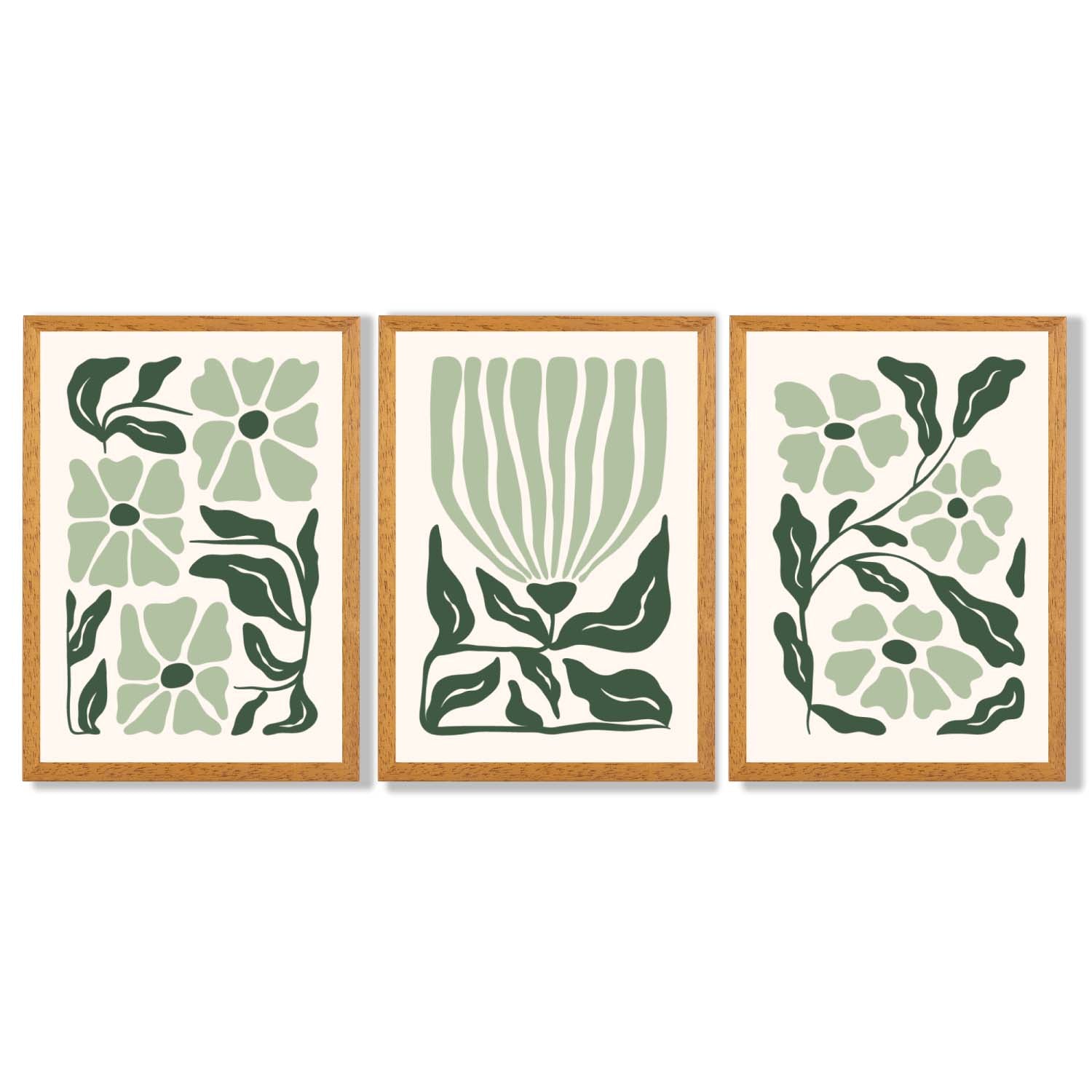 Set of 3 Boho Sage Green Floral Framed Art Prints with Oak Wooden Frames