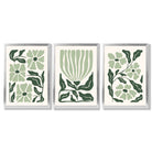 Set of 3 Boho Sage Green Floral Framed Art Prints with Silver Wood Frames