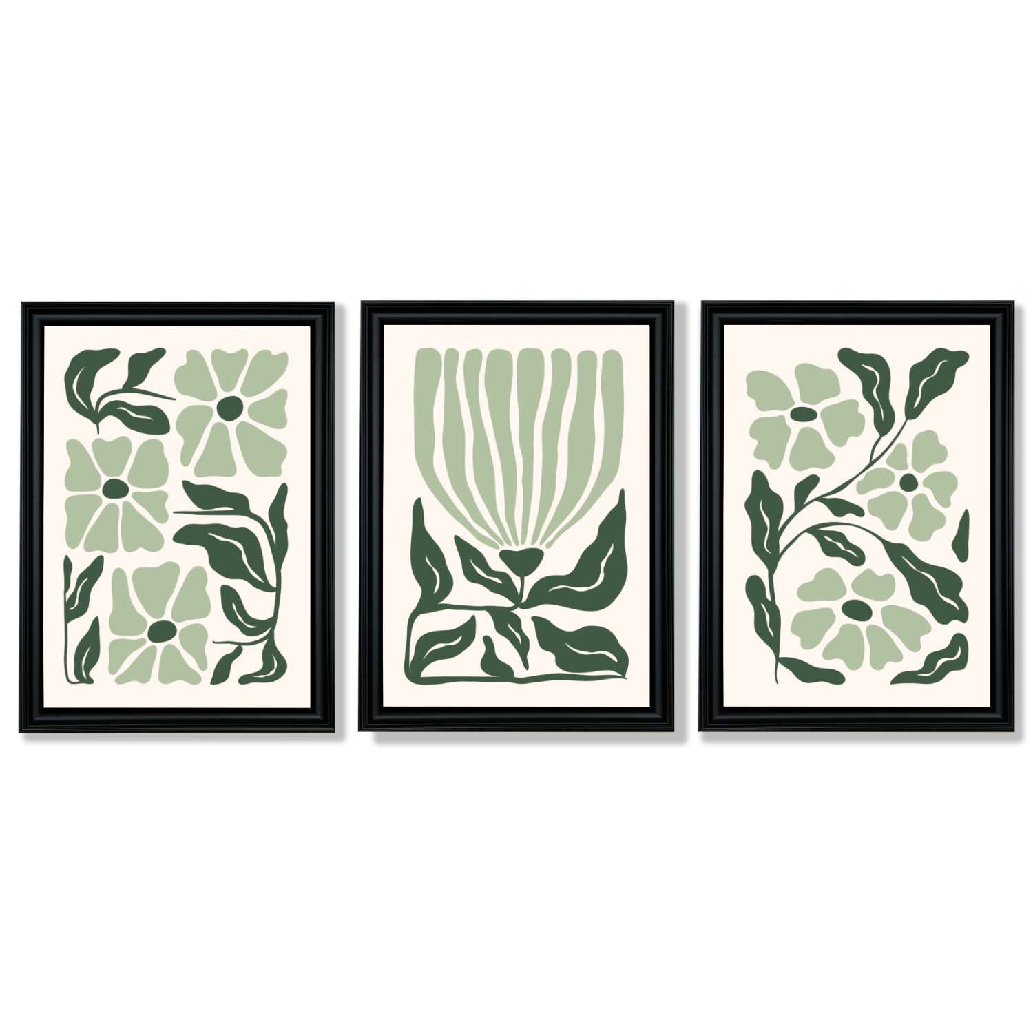 Set of 3 Boho Sage Green Floral Framed Art Prints with Vermeer Black Frames