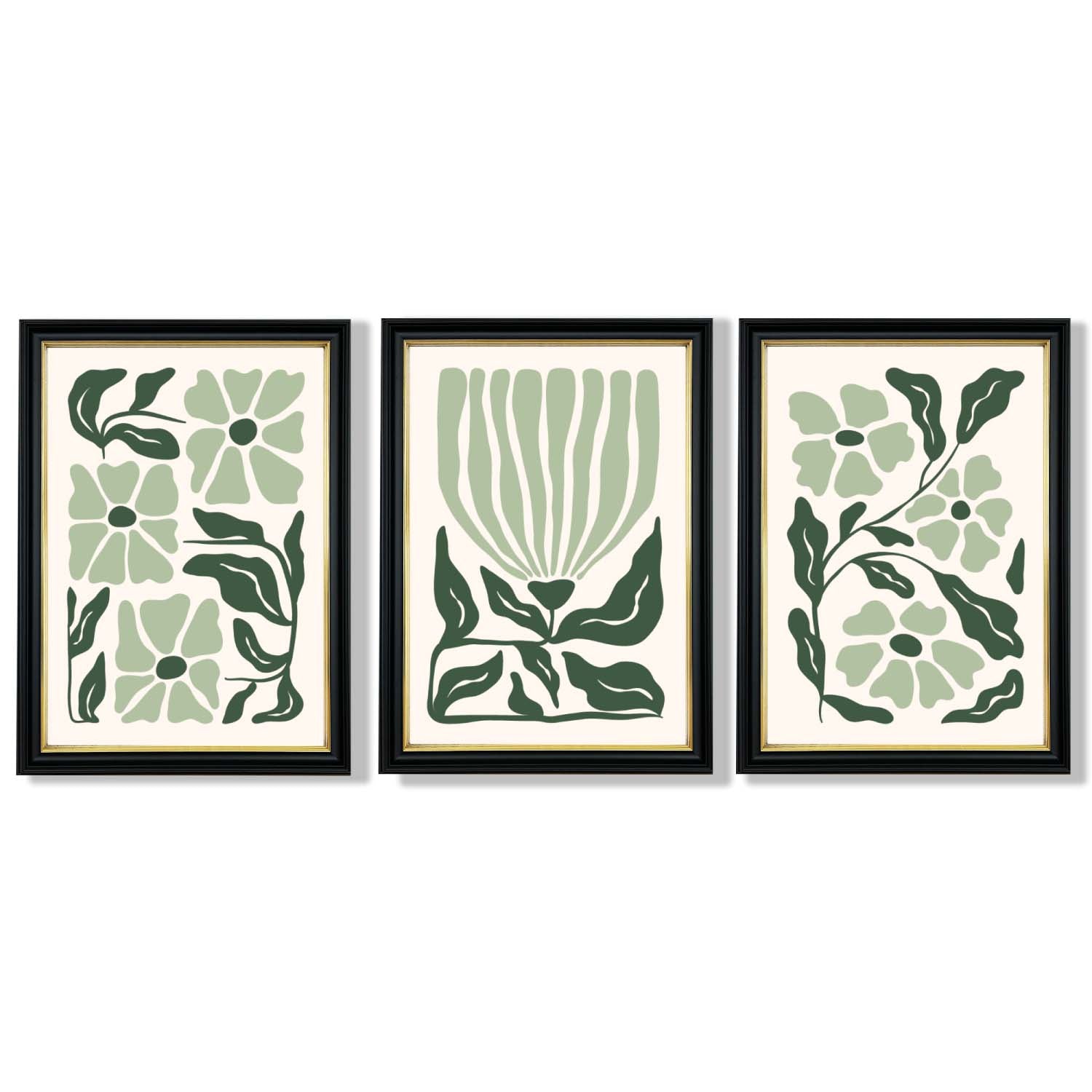 Set of 3 Boho Sage Green Floral Framed Art Prints with Vermeer Black and Gold Frames