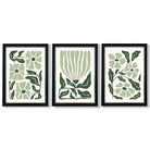 Set of 3 Boho Sage Green Floral Framed Art Prints with Vermeer Black and Silver Frames