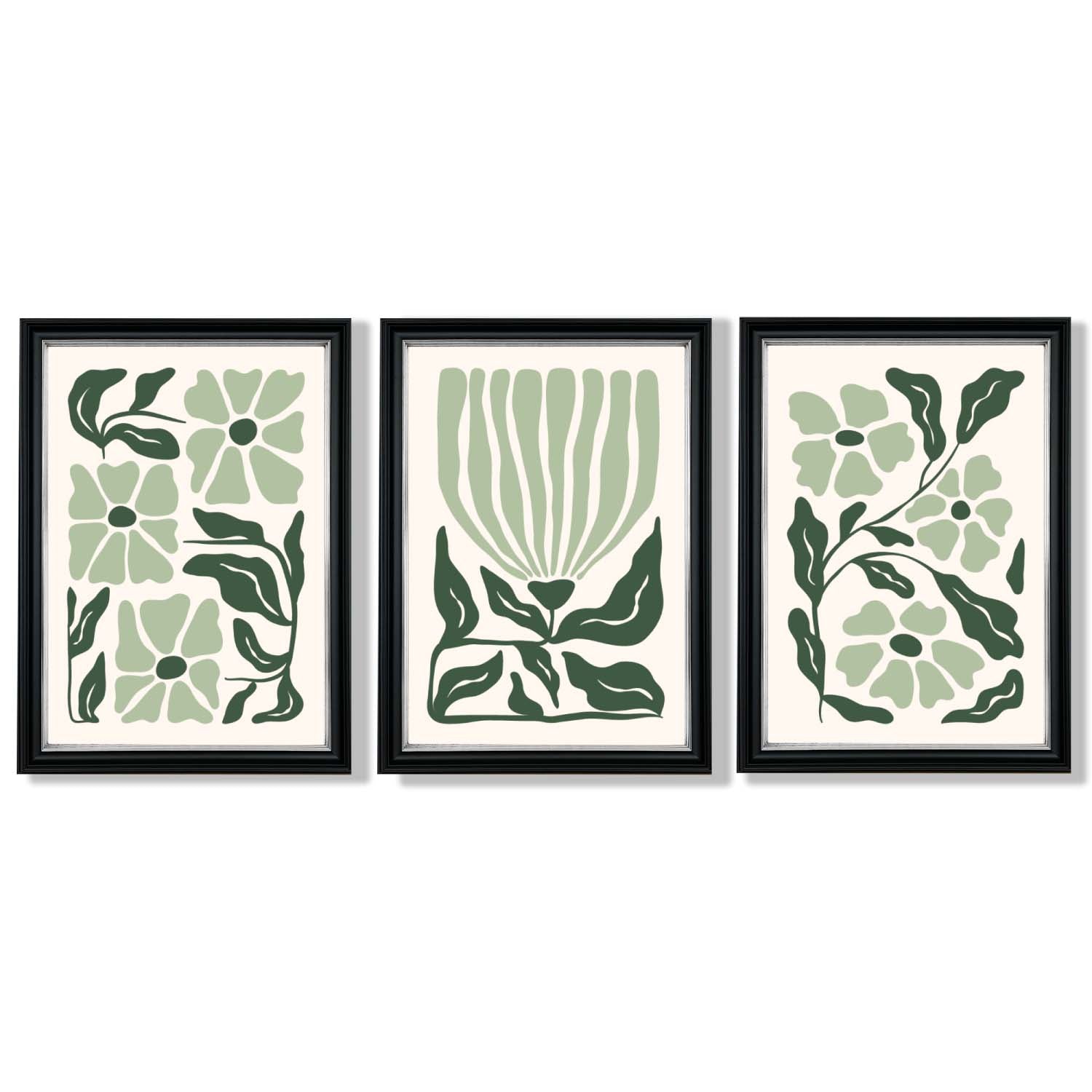 Set of 3 Boho Sage Green Floral Framed Art Prints with Vermeer Black and Silver Frames