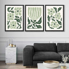 Set of 3 Boho Sage Green Floral Art Prints in Black Frames | Artze UK