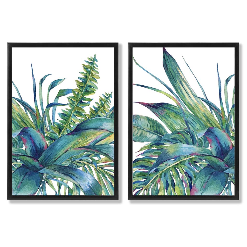 Green Tropical Leaves Watercolour Set of 2 Art Prints with Black Frame