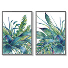 Green Tropical Leaves Watercolour Set of 2 Art Prints with Dark Grey Frame