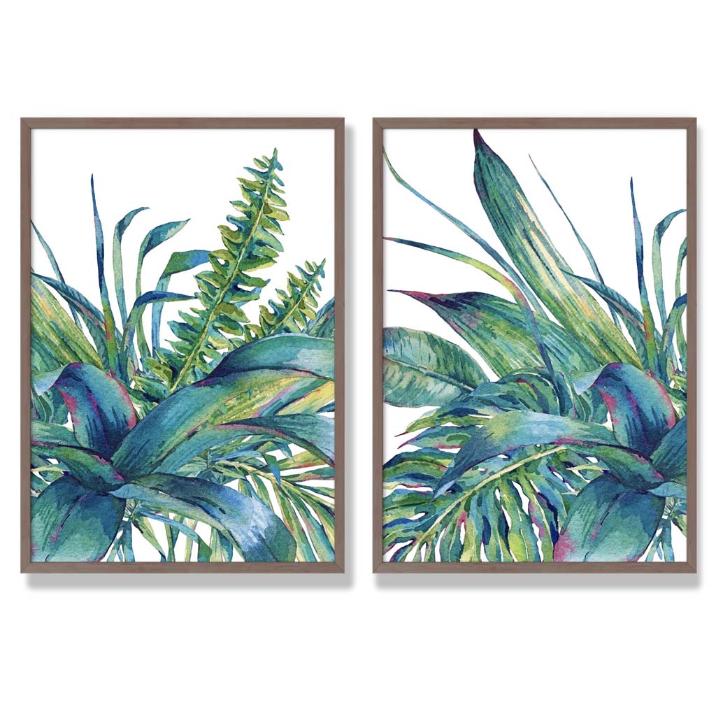 Green Tropical Leaves Watercolour Set of 2 Art Prints with Walnut Frame