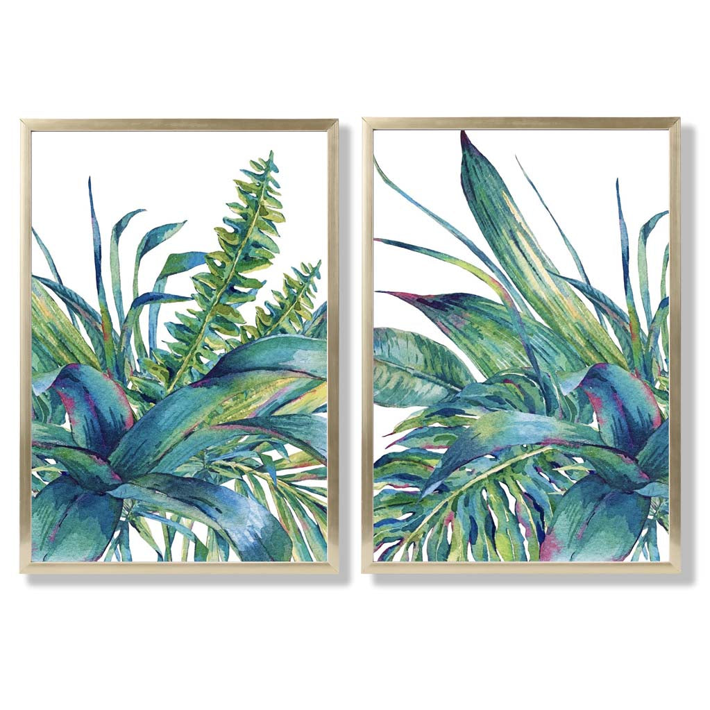 Green Tropical Leaves Watercolour Set of 2 Art Prints with Gold Frame