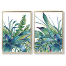Green Tropical Leaves Watercolour Set of 2 Art Prints with Gold Frame