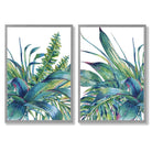 Green Tropical Leaves Watercolour Set of 2 Art Prints with Light Grey Frame