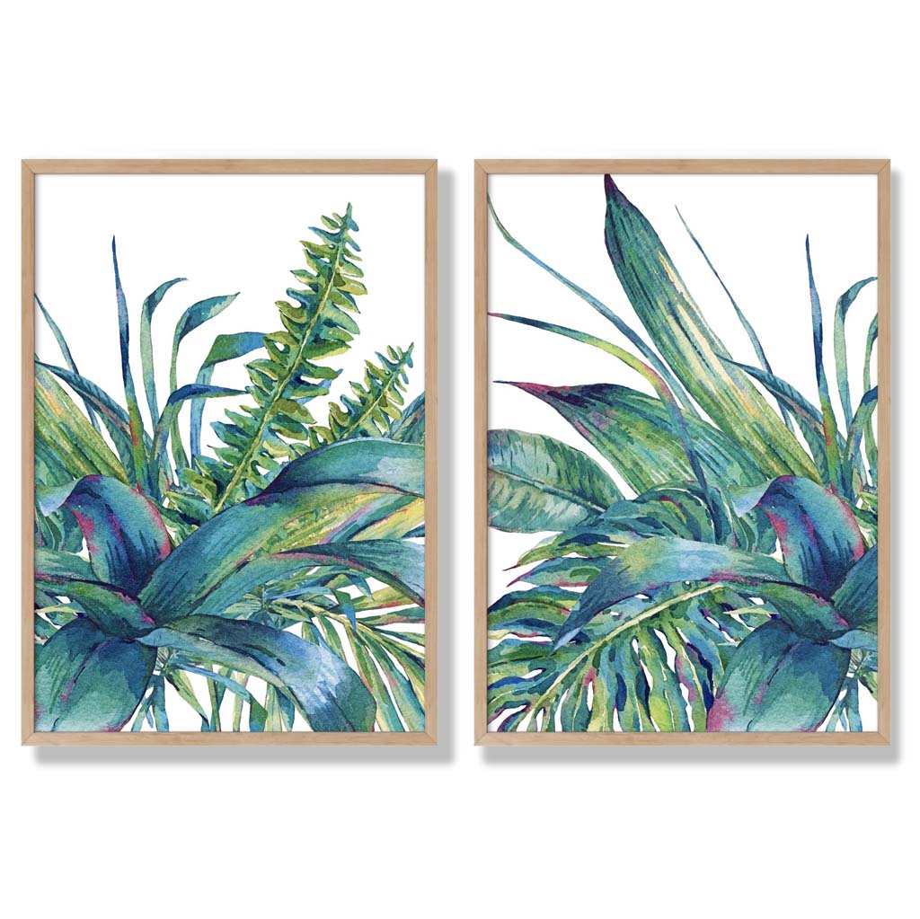 Green Tropical Leaves Watercolour Set of 2 Art Prints with Oak Frame