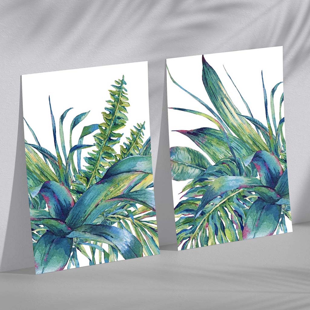 Green Tropical Leaves Watercolour Framed Set of 2 Art Prints