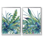 Green Tropical Leaves Watercolour Set of 2 Art Prints with Silver Frame