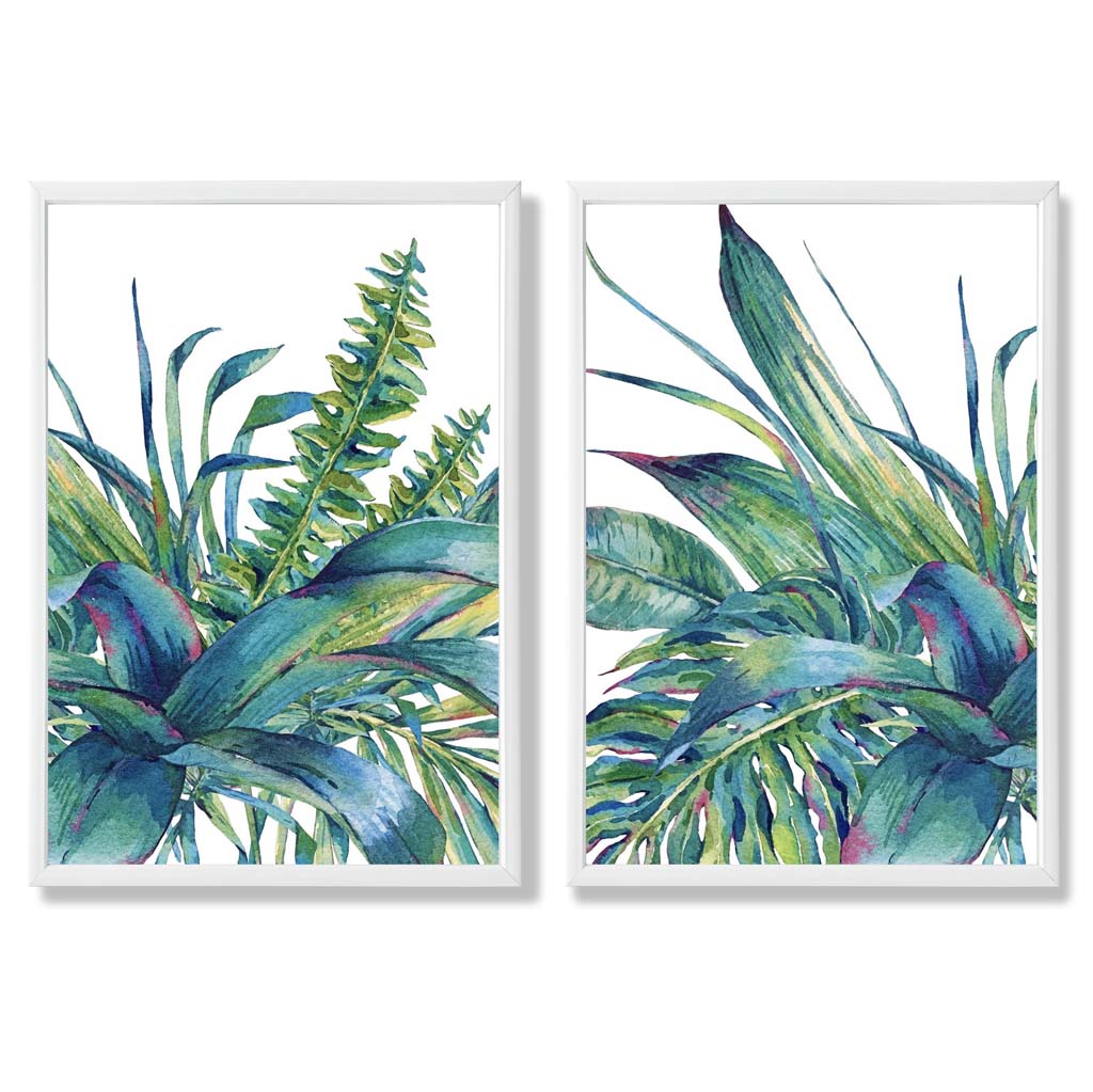 Green Tropical Leaves Watercolour Set of 2 Art Prints with White Frame