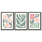 Set of 3 Boho Pink Green Floral Framed Art Prints with Black Wooden Frames