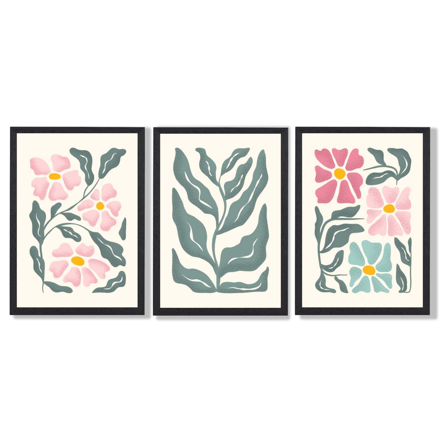 Set of 3 Boho Pink Green Floral Framed Art Prints with Black Wooden Frames