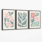 Set of 3 Boho Pink Green Floral Canvas Art Prints with Black Float Frame