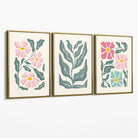 Set of 3 Boho Pink Green Floral Canvas Art Prints with Gold Float Frame