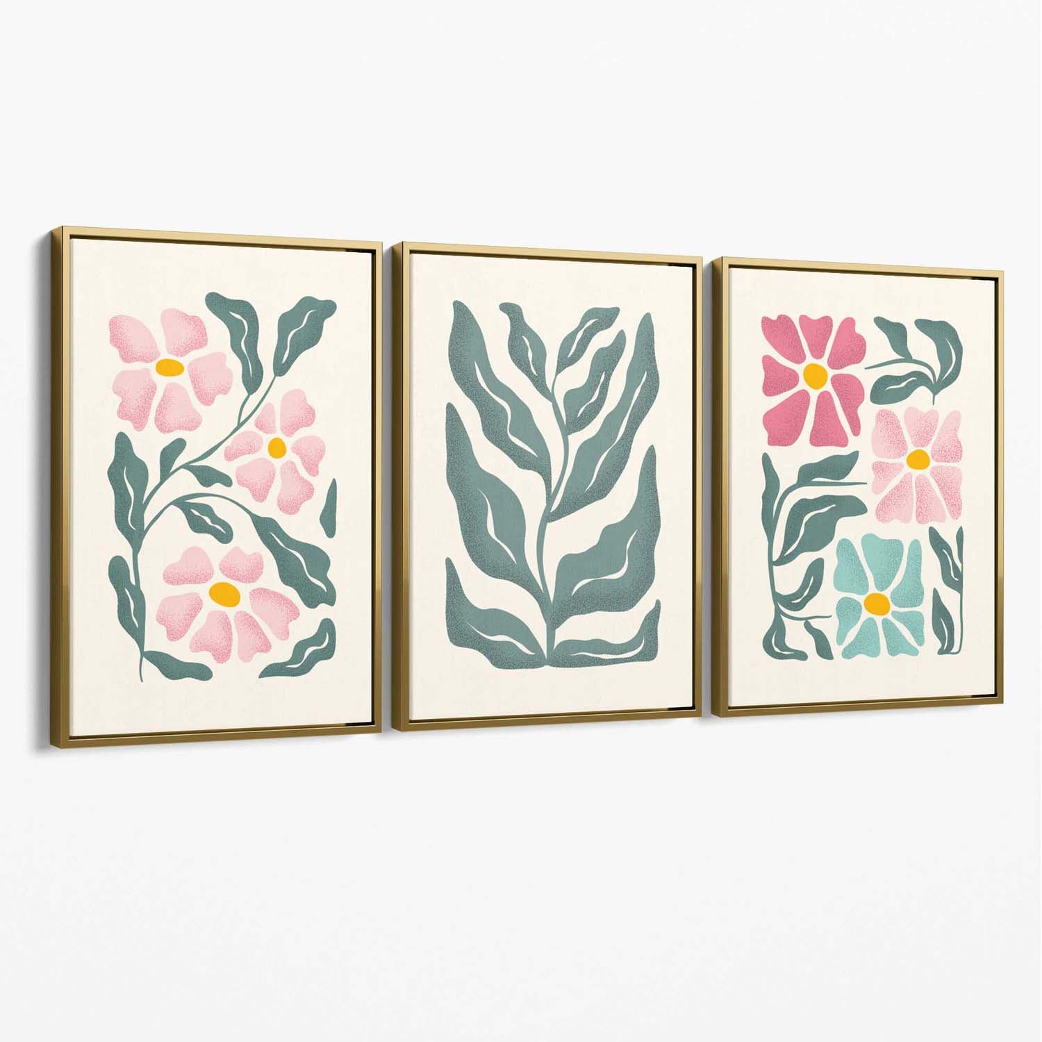 Set of 3 Boho Pink Green Floral Canvas Art Prints with Gold Float Frame