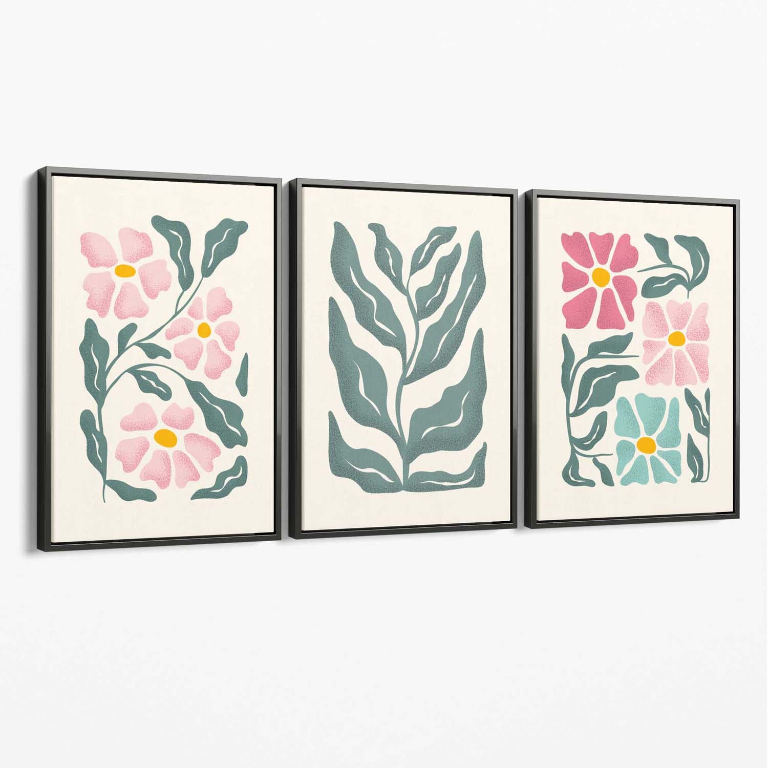 Set of 3 Boho Pink Green Floral Canvas Art Prints with Grey Float Frame