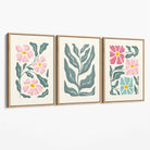 Set of 3 Boho Pink Green Floral Canvas Art Prints with Oak Float Frame