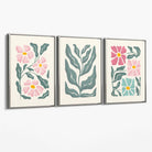 Set of 3 Boho Pink Green Floral Canvas Art Prints with Silver Float Frame