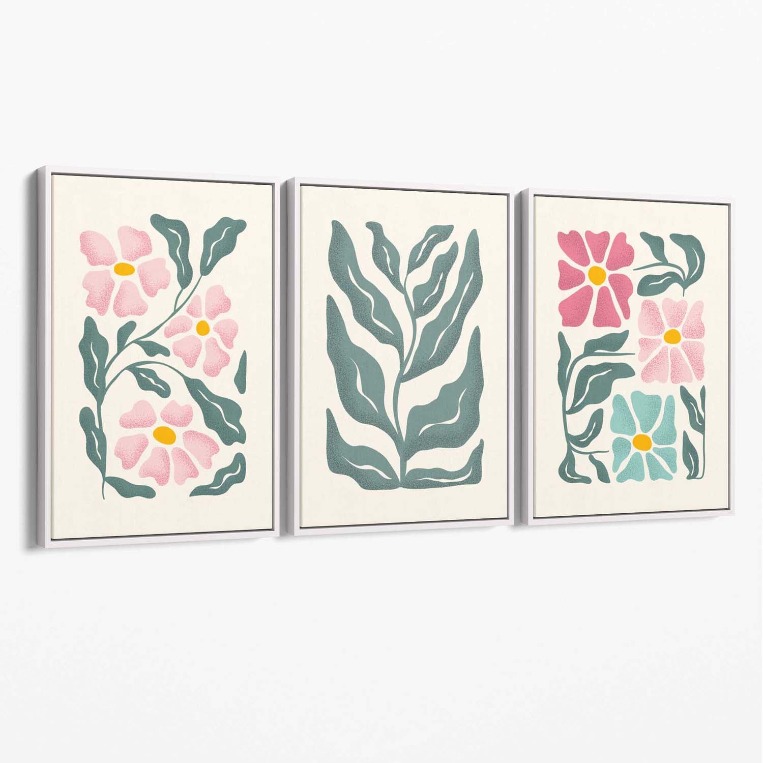 Set of 3 Boho Pink Green Floral Canvas Art Prints with White Float Frame