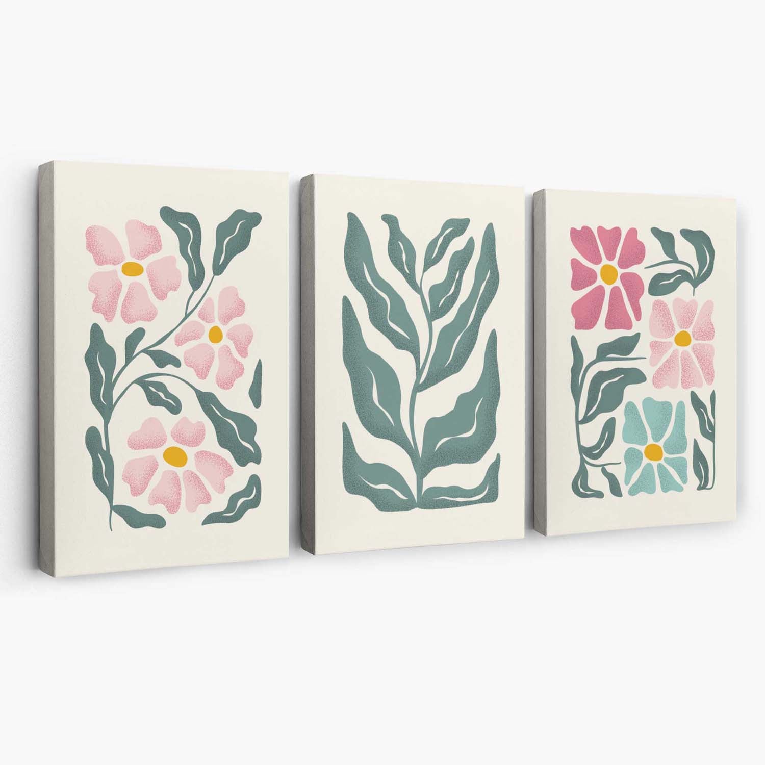 Set of 3 Boho Pink Green Floral Canvas Art Prints | Artze Wall Art