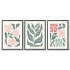 Set of 3 Boho Pink Green Floral Framed Art Prints with Dark Grey Wooden Frames