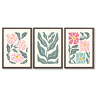 Set of 3 Boho Pink Green Floral Framed Art Prints with Dark Wood Frames