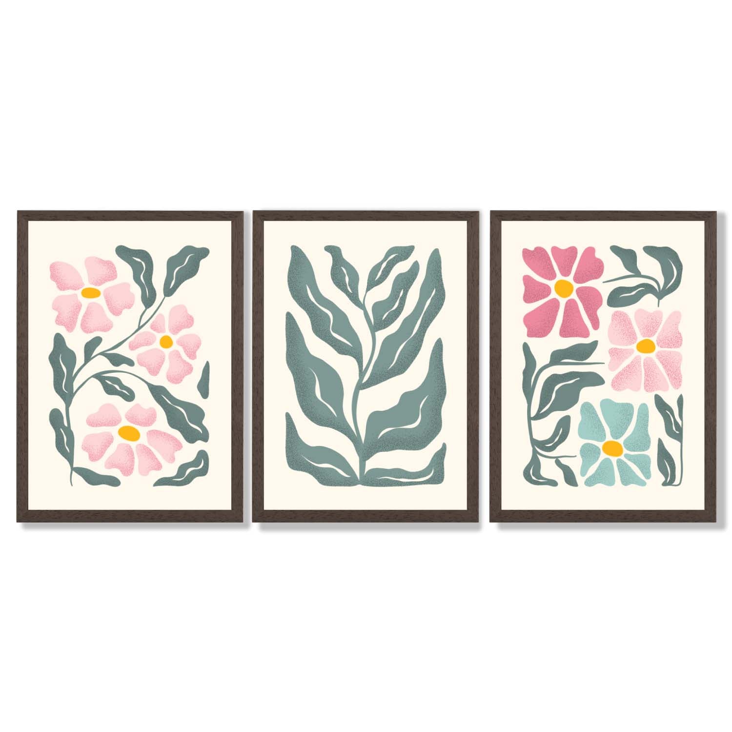 Set of 3 Boho Pink Green Floral Framed Art Prints with Dark Wood Frames