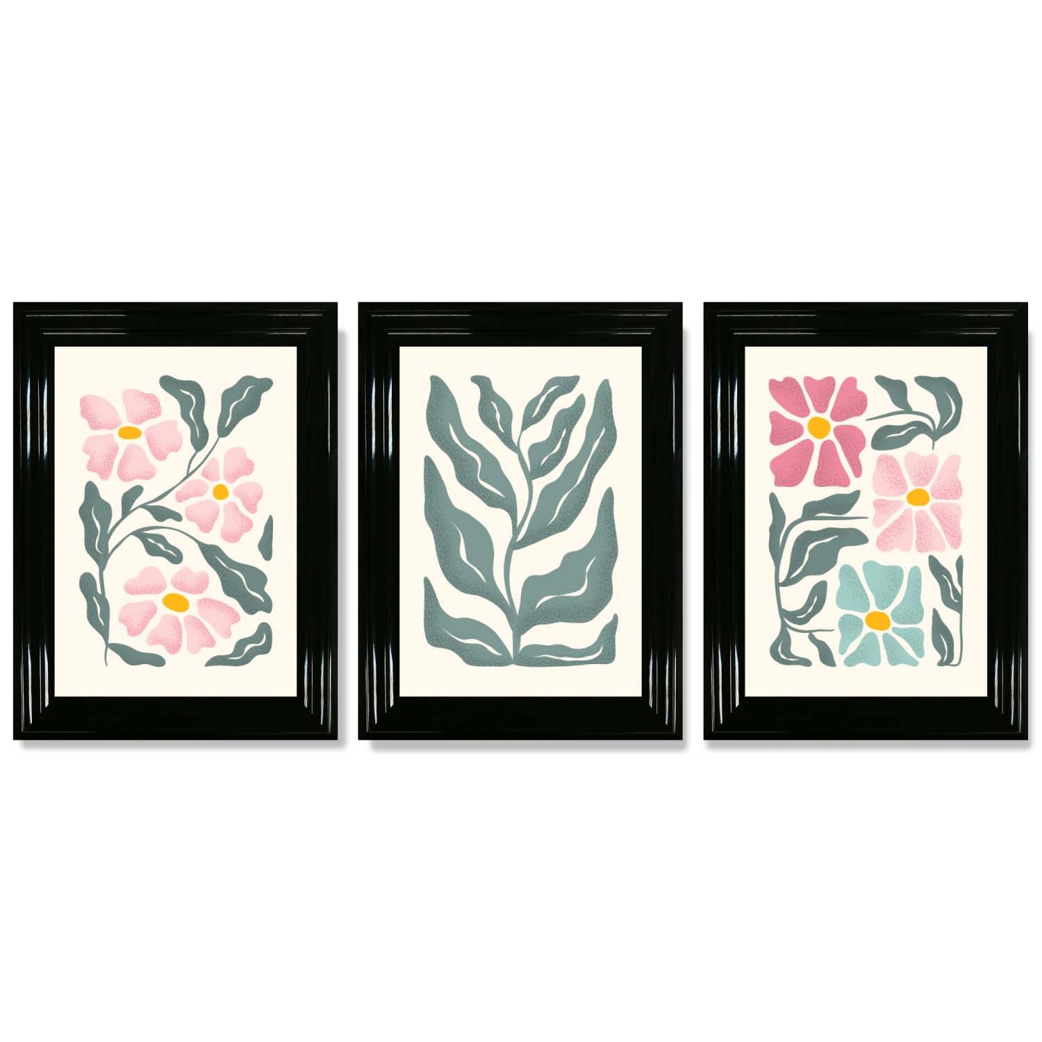 Set of 3 Boho Pink Green Floral Framed Art Prints with Glossy Black Frames