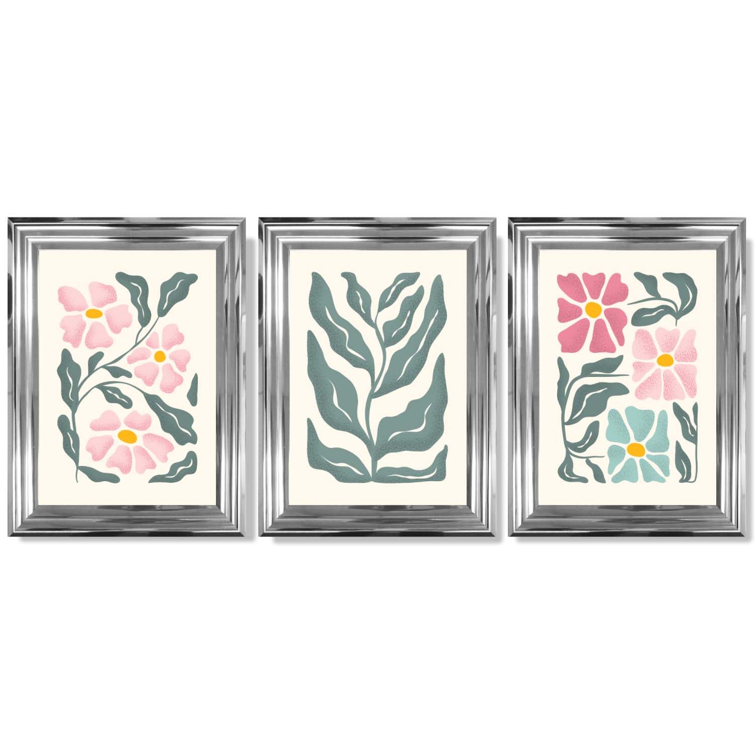 Set of 3 Boho Pink Green Floral Framed Art Prints with Glossy Chrome Frames