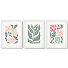 Set of 3 Boho Pink Green Floral Framed Art Prints with Glossy White Frames