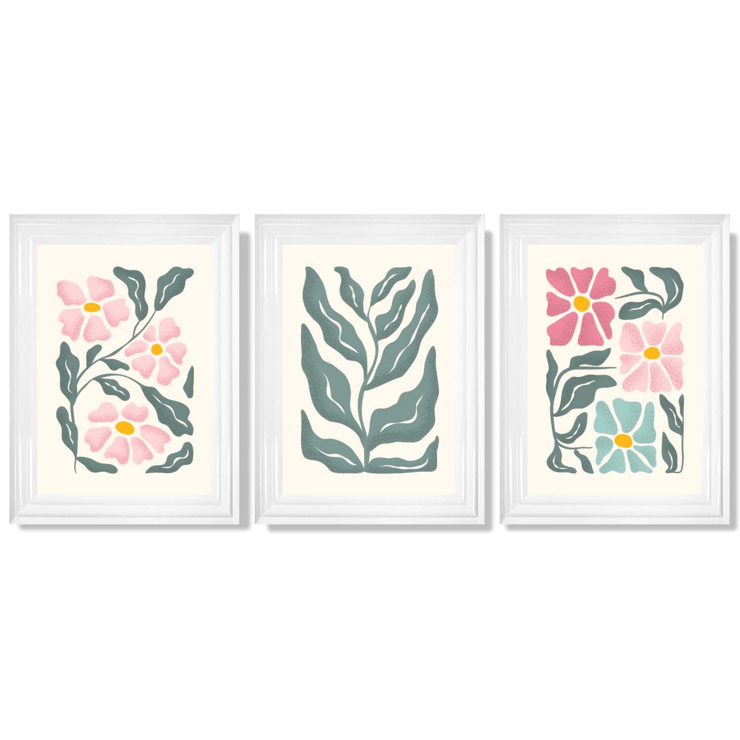 Set of 3 Boho Pink Green Floral Framed Art Prints with Glossy White Frames