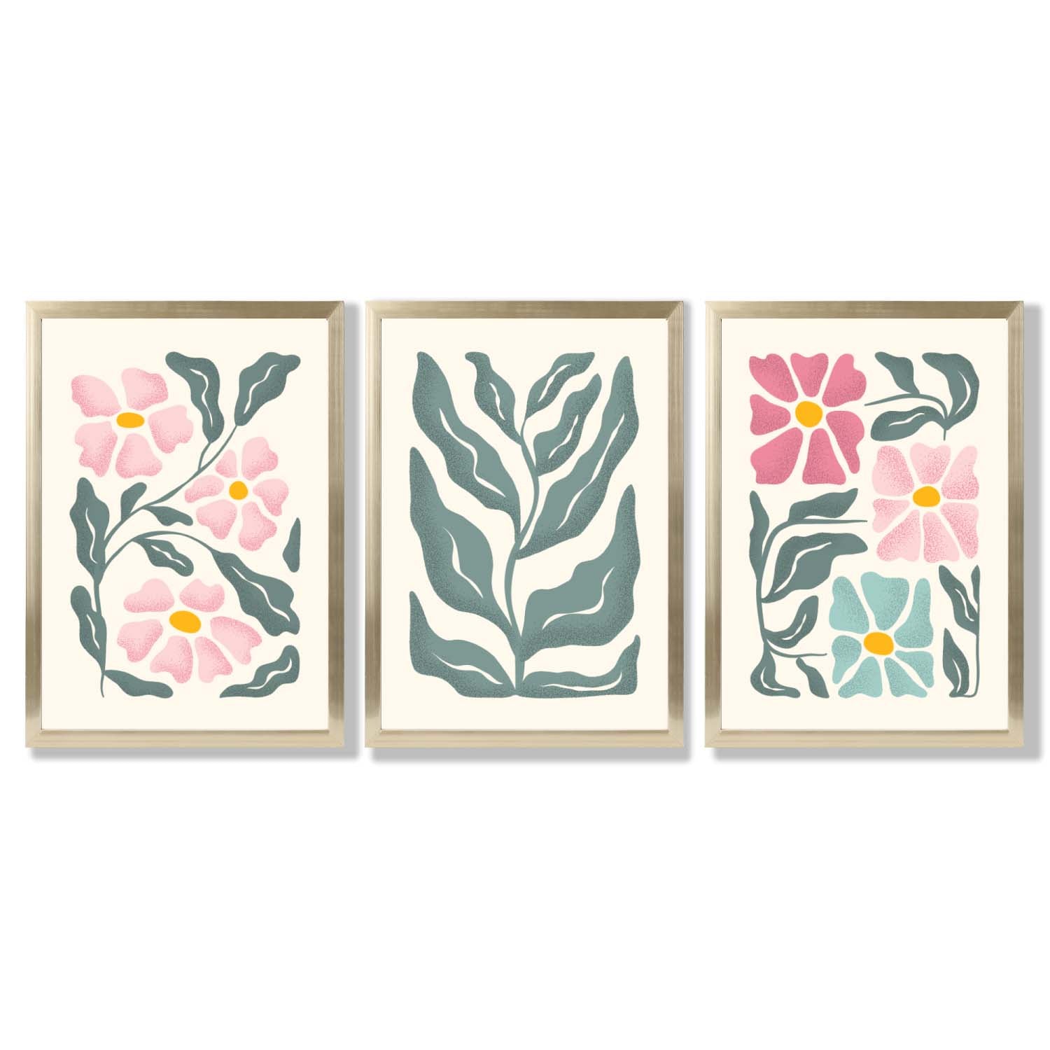 Set of 3 Boho Pink Green Floral Framed Art Prints with Gold Wood Frames