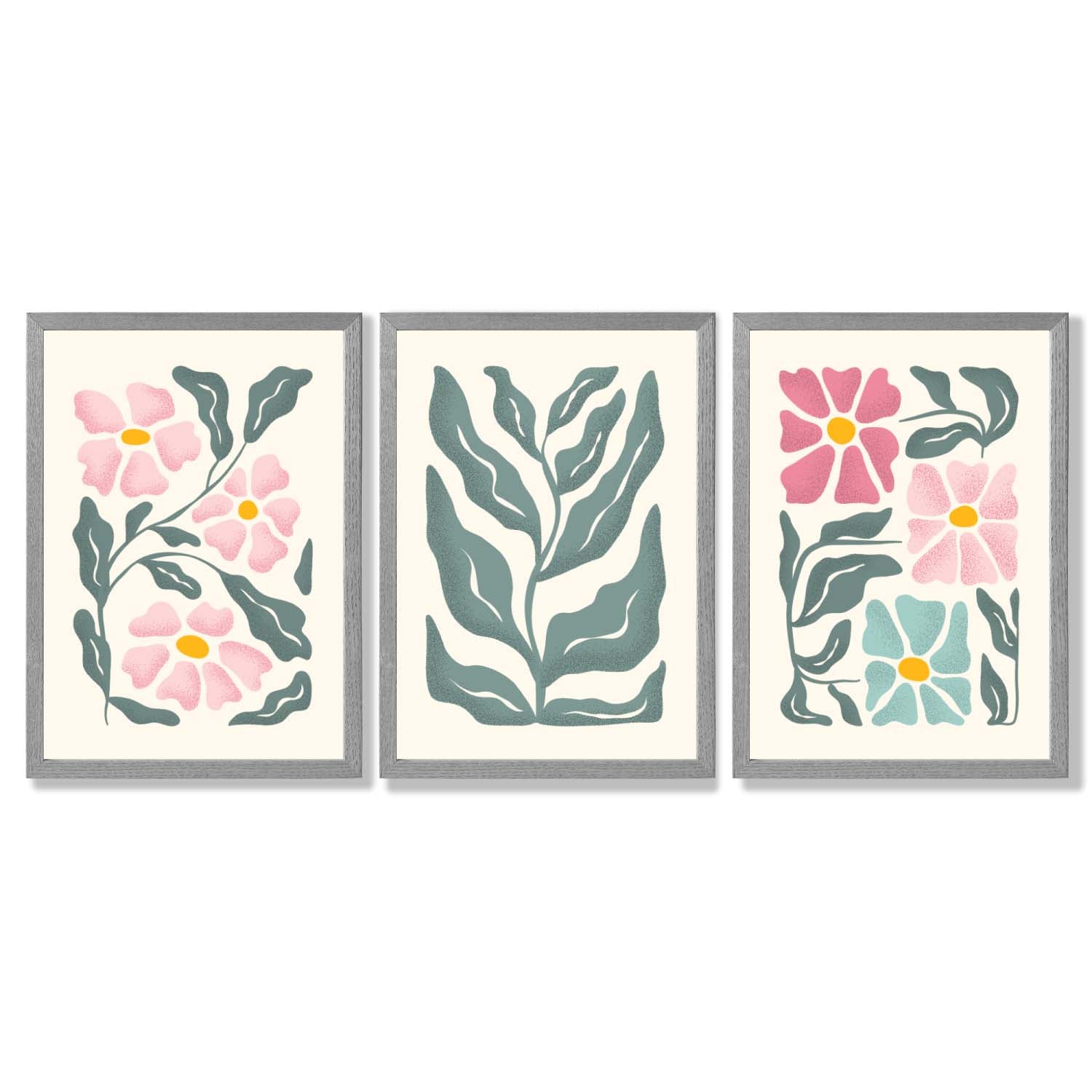 Set of 3 Boho Pink Green Floral Framed Art Prints with Light Grey Wooden Frames