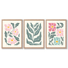 Set of 3 Boho Pink Green Floral Framed Art Prints with Light Oak Frames