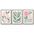 Set of 3 Boho Pink Green Floral Framed Art Prints with Light Walnut Frames