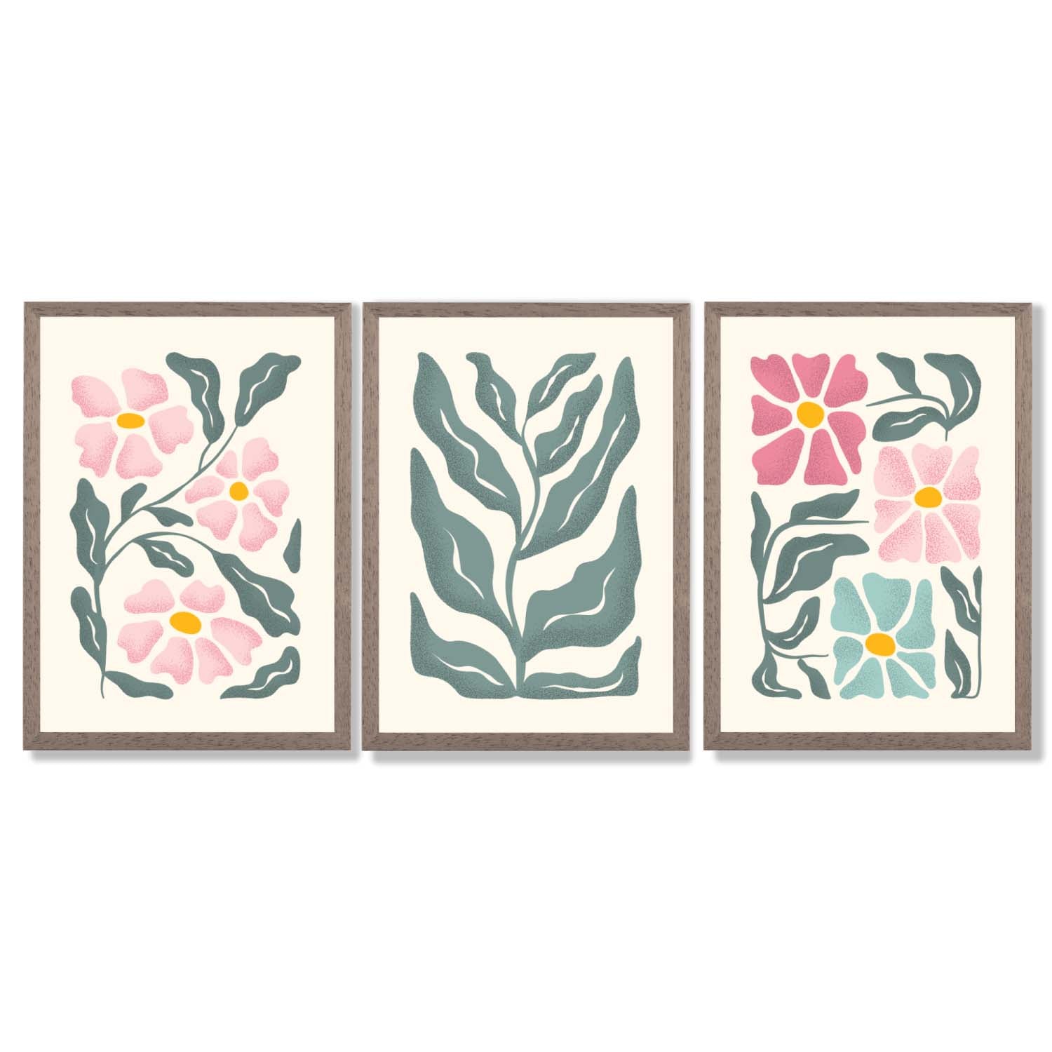 Set of 3 Boho Pink Green Floral Framed Art Prints with Light Walnut Frames